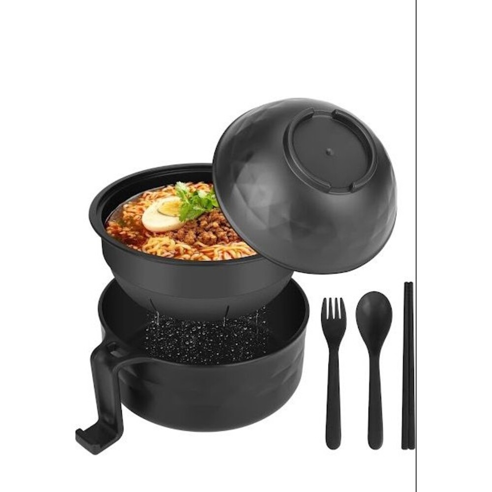 33 oz Microwave Ramen Bowl Cooker Set W/ Chopsticks Spoon Pasta Black Fridge NWT
